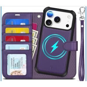 Removable Wallet Case for iPhone 17 Pro Wrist Strap Kickstand Magnetic Purple